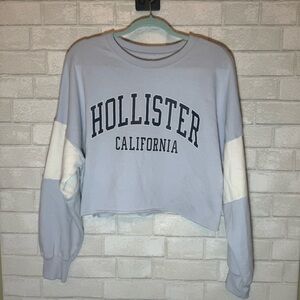 Hollister Women's cropped Light Blue and White Sweatshirt